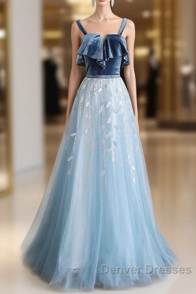 Blue Tulle Lace Long Prom Dress, Blue Tulle Long Evening Dress Main image