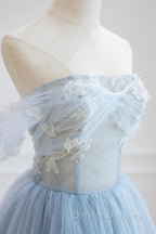 Blue Tulle Lace Long Prom Dress, High Low A-Line Evening Party Dress
