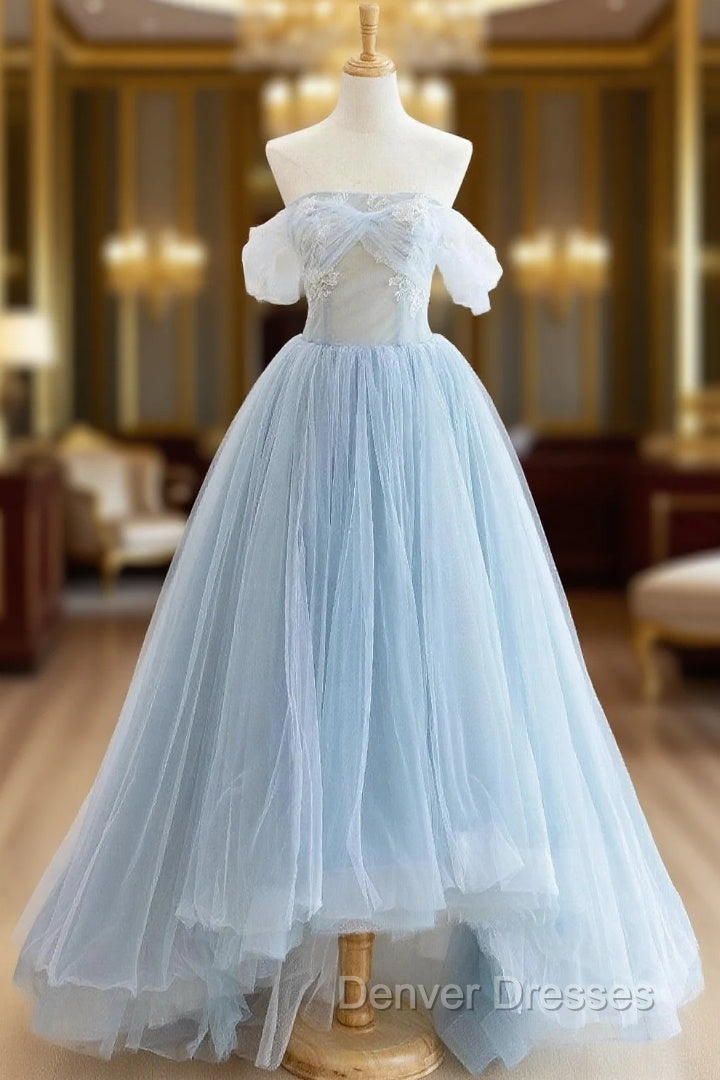Blue Tulle Lace Long Prom Dress, High Low A-Line Evening Party Dress Main image