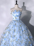 Blue Tulle Lace Long Prom Dress, Ball Gown Blue Sweet 16 Dress