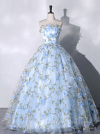 Blue Tulle Lace Long Prom Dress, Ball Gown Blue Sweet 16 Dress