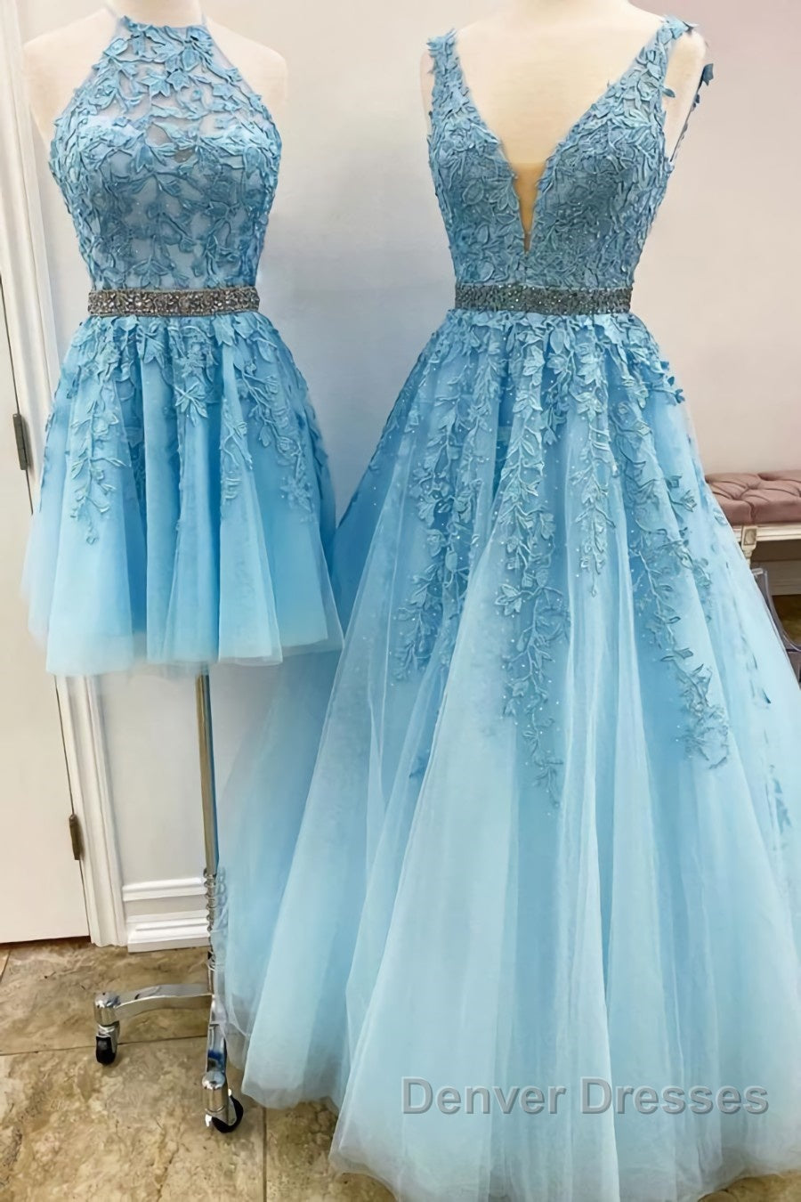 Blue Tulle Lace Prom Dress, Blue Tulle Lace Formal Evening Dress