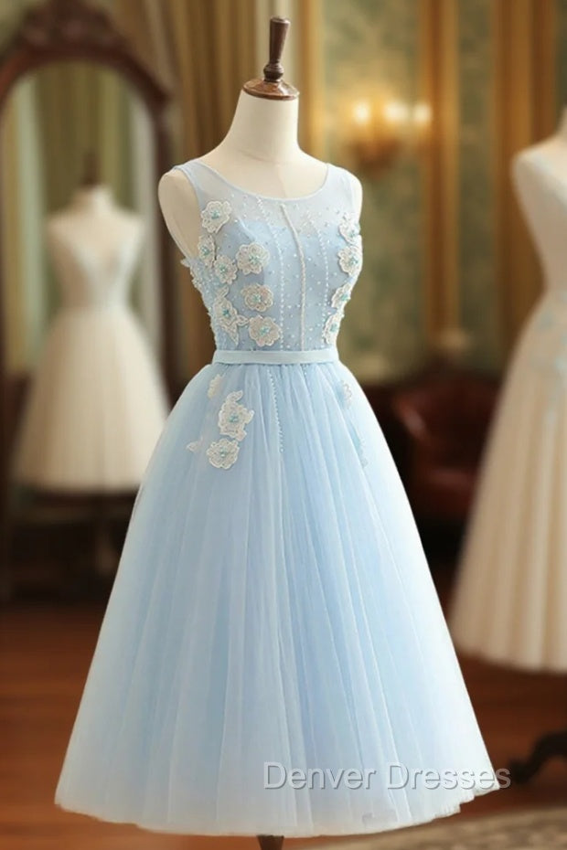 Blue Tulle Lace Short Prom Dress, A-Line Homecoming Party Dress