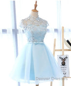 Blue tulle lace short prom Dress, blue tulle lace homecoming Dress