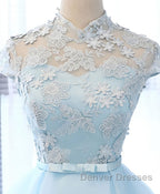 Blue tulle lace short prom Dress, blue tulle lace homecoming Dress