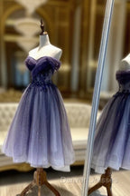 Blue Tulle Lace Short Prom Dress, Off the Shoulder Evening Party Dress