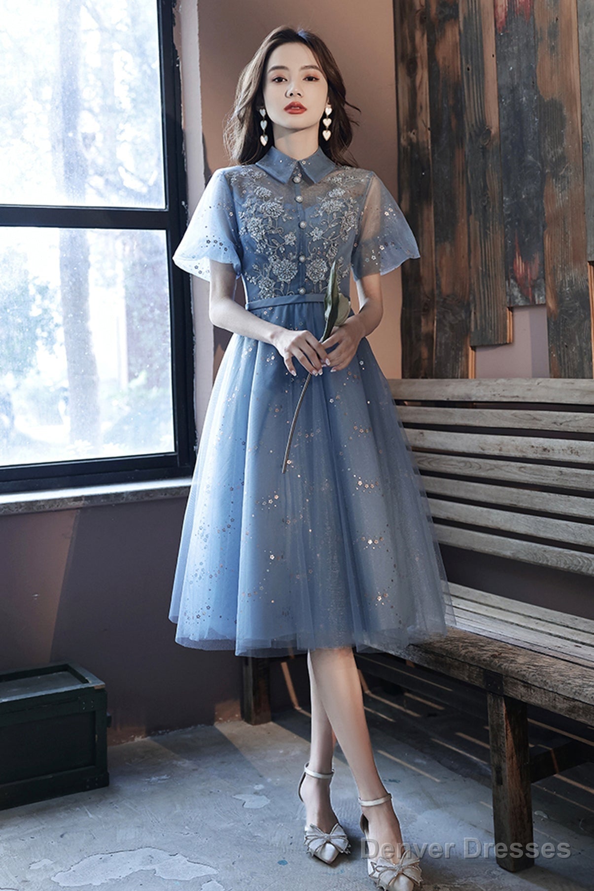 Blue Tulle Lace Short Prom Dresses, A-Line Homecoming Dresses