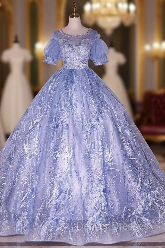 Blue Tulle Lace Short Sleeve Backless Beading Quinceanera Dress Main image