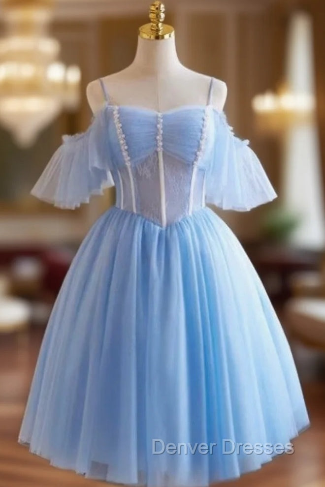 Blue Tulle Lace Spaghetti Straps Pleats Homecoming Dress Main image