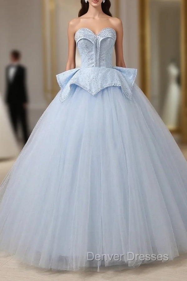 Blue Tulle Lace Up Sweetheart Ball Gown Beading Wedding Dress Main image