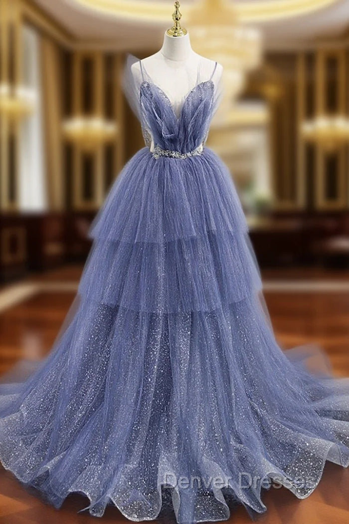 Blue Tulle Layers Long Prom Dress, A-Line Spaghetti Strap Party Dress Main image