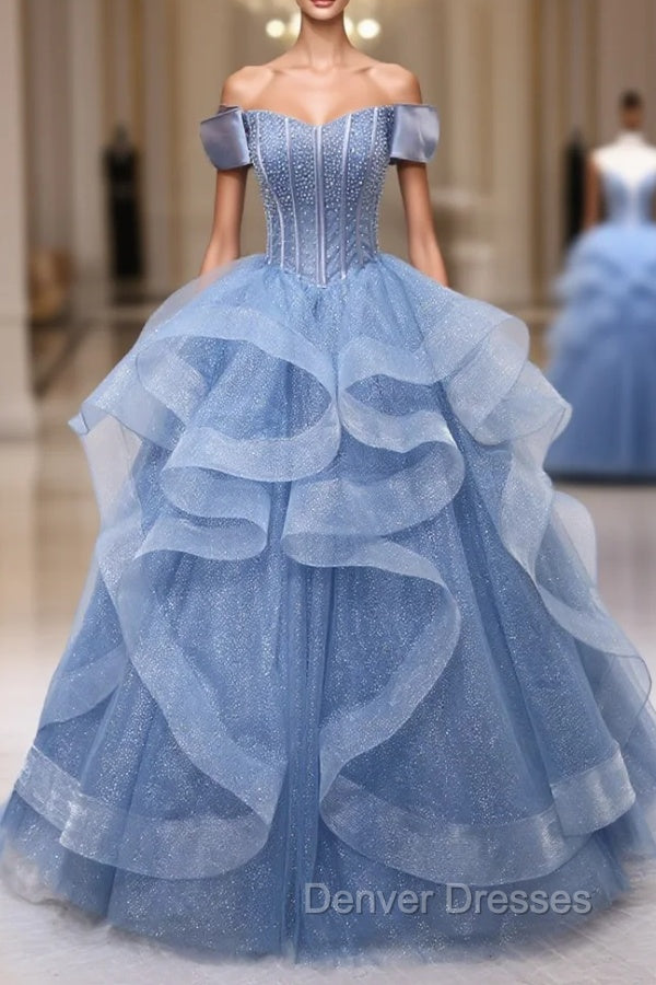 Blue Tulle Layers Long Prom Gown, A-Line Blue Evening Dress