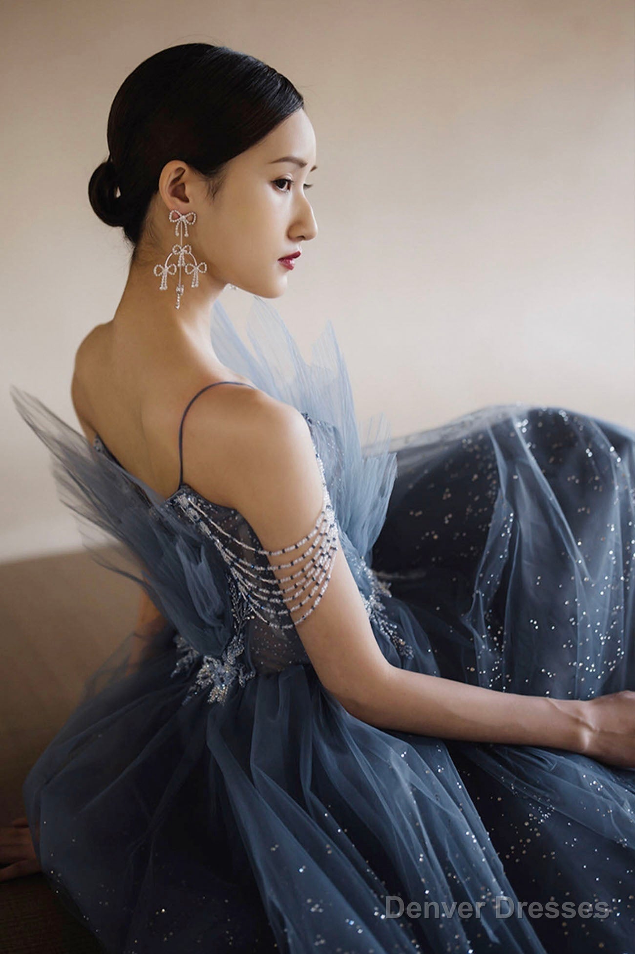 Blue Tulle Layers Straps Beaded Long Formal Dress, Beautiful A-Line Prom Dress Secondary image