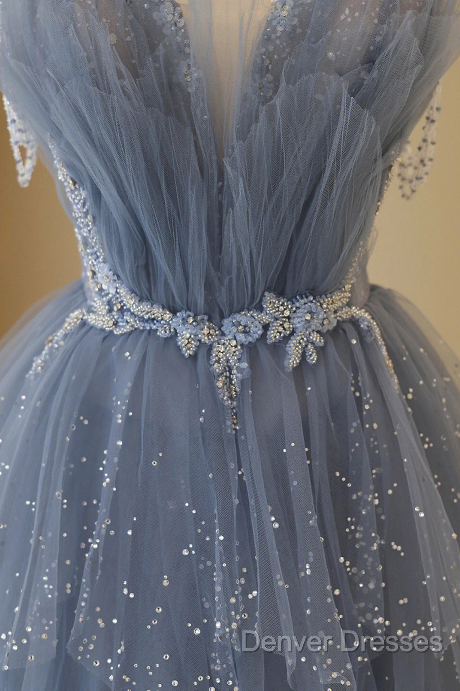Blue Tulle Layers Straps Beaded Long Prom Dress, Blue A-Line Evening Dress Secondary image