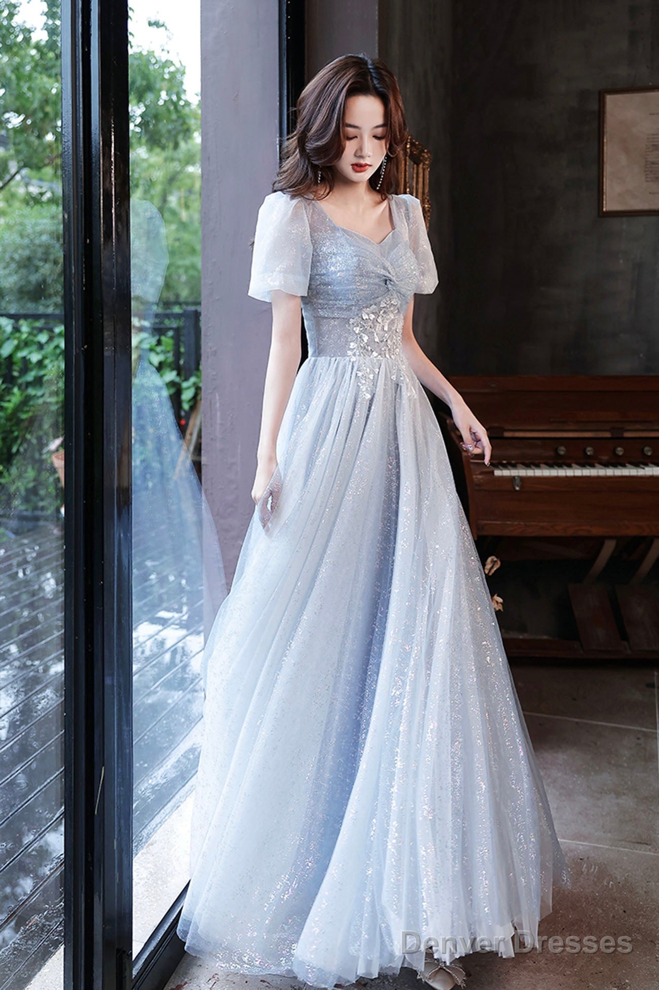 Blue Tulle Long  A-Line Formal Dresses, Shiny V-Neck Evening Dresses Main image