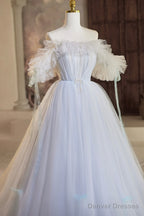 Blue Tulle Long A-Line Prom Dress, Beautiful Off The Shoulder Evening Party Dress