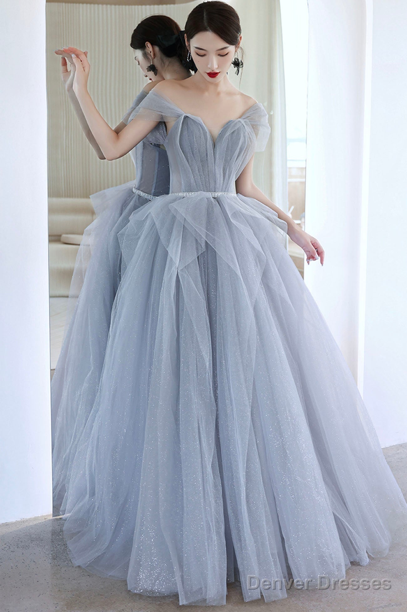 Blue Tulle Long A-Line Prom Dress, Blue Off The Shoulder Evening Graduation Dress Main image