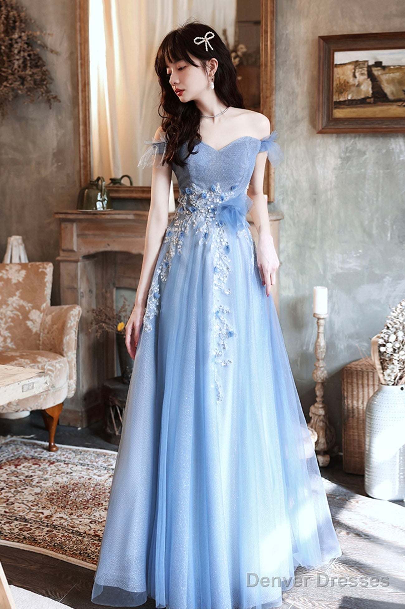 Blue Tulle Long A-Line Prom Dress, Blue Off The Shoulder Evening Party Dress Secondary image