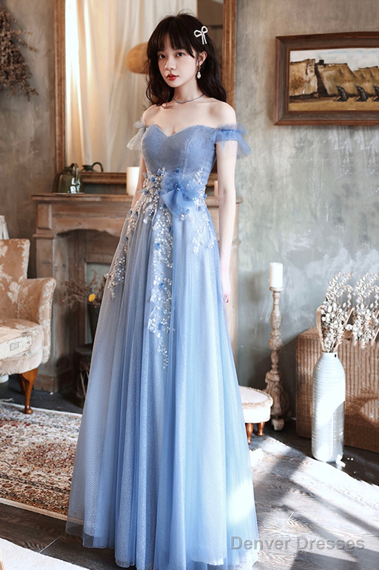 Blue Tulle Long A-Line Prom Dress, Blue Off The Shoulder Evening Party Dress
