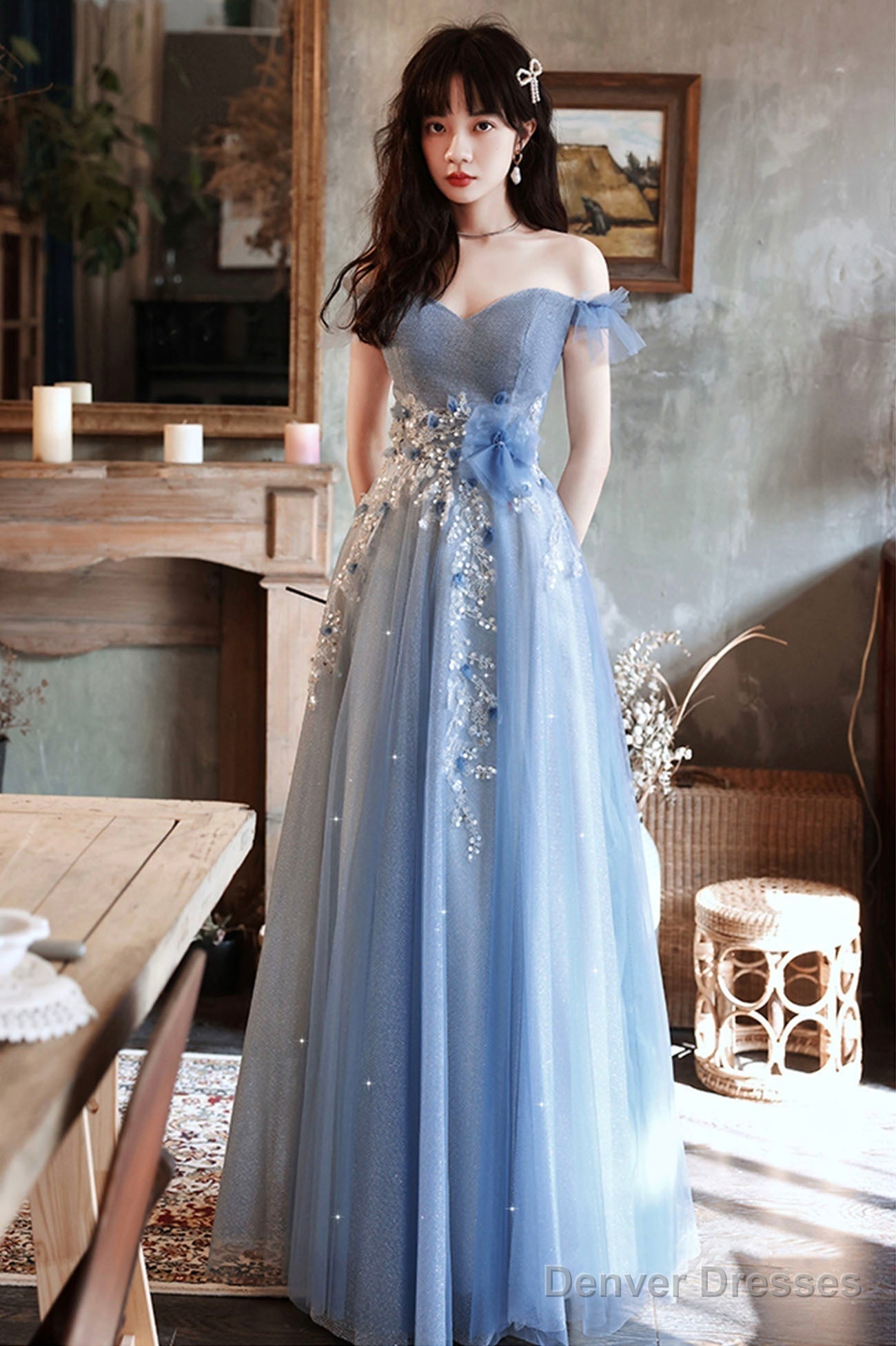 Blue Tulle Long A-Line Prom Dress, Blue Off The Shoulder Evening Party Dress Main image
