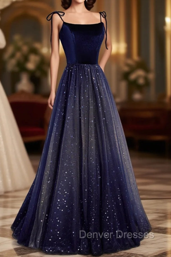 Blue Tulle Long A-Line Prom Dress, Blue Spaghetti Strap Evening Party Dress Secondary image