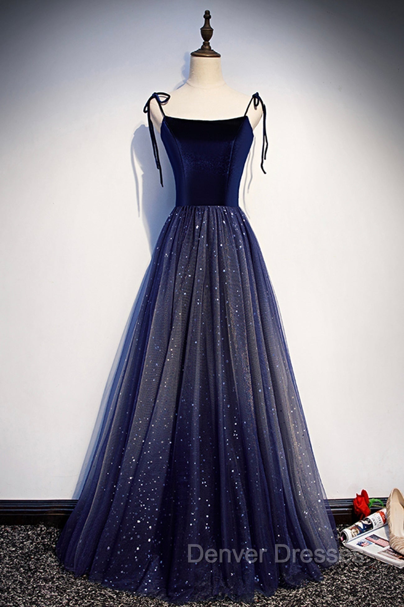 Blue Tulle Long A-Line Prom Dress, Blue Spaghetti Strap Evening Party Dress Main image