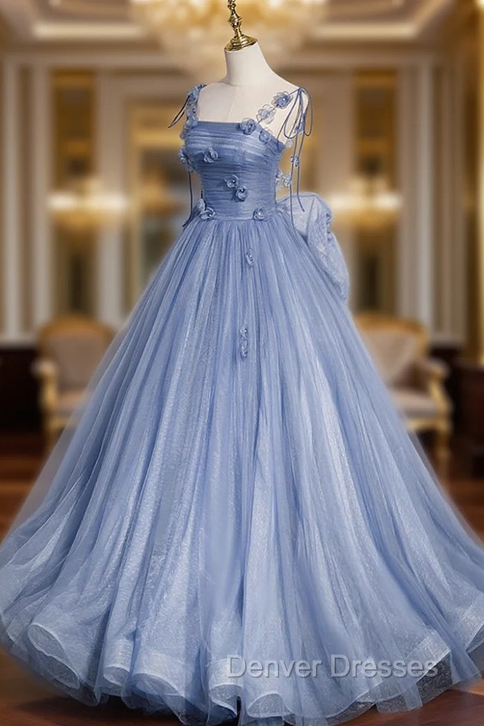 Blue Tulle Long A-Line Prom Dress, Blue Spaghetti Straps Party Dress with Bow