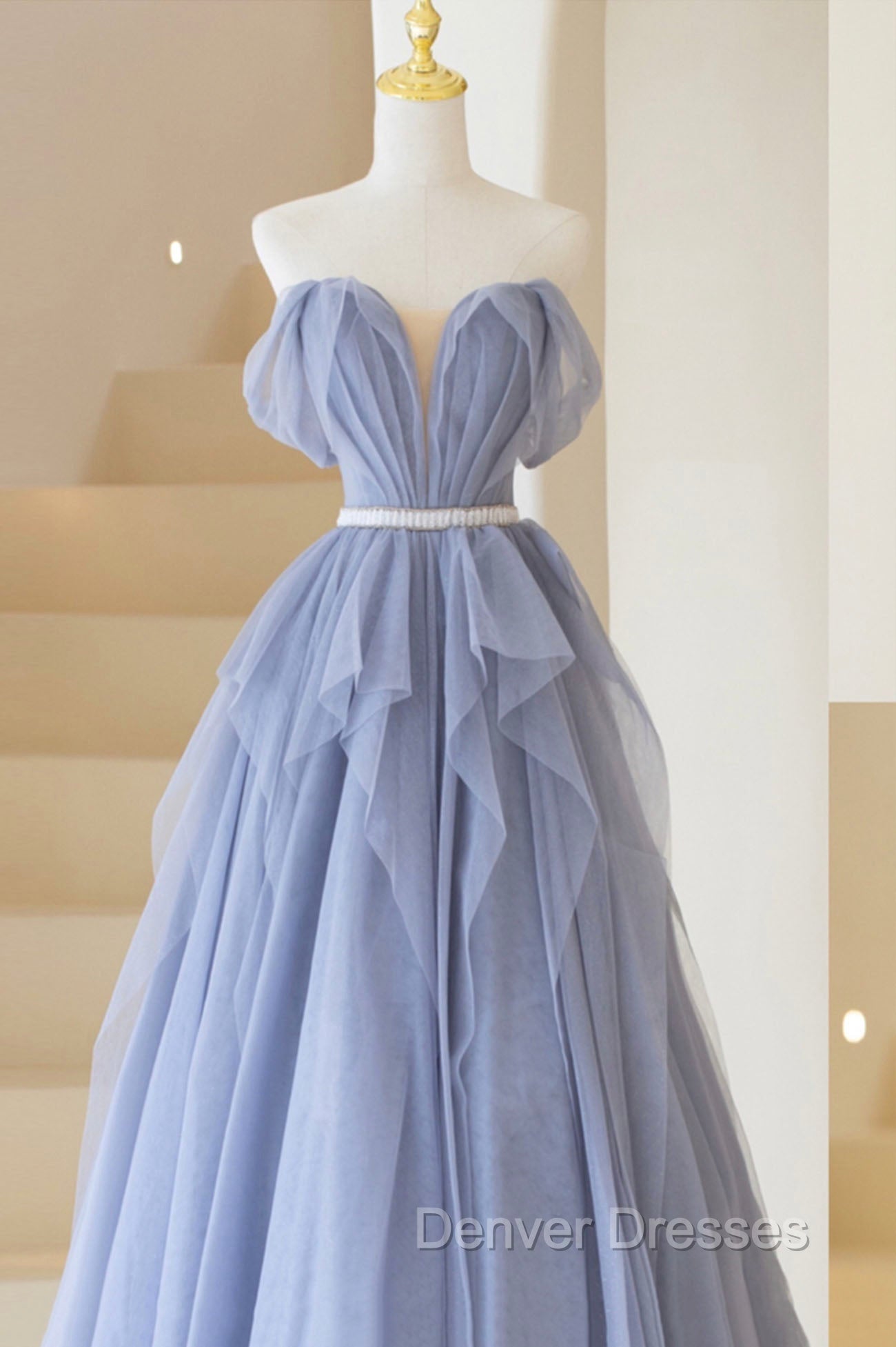 Blue Tulle Long A-Line Prom Dress, Cute Strapless Graduation Dress Secondary image