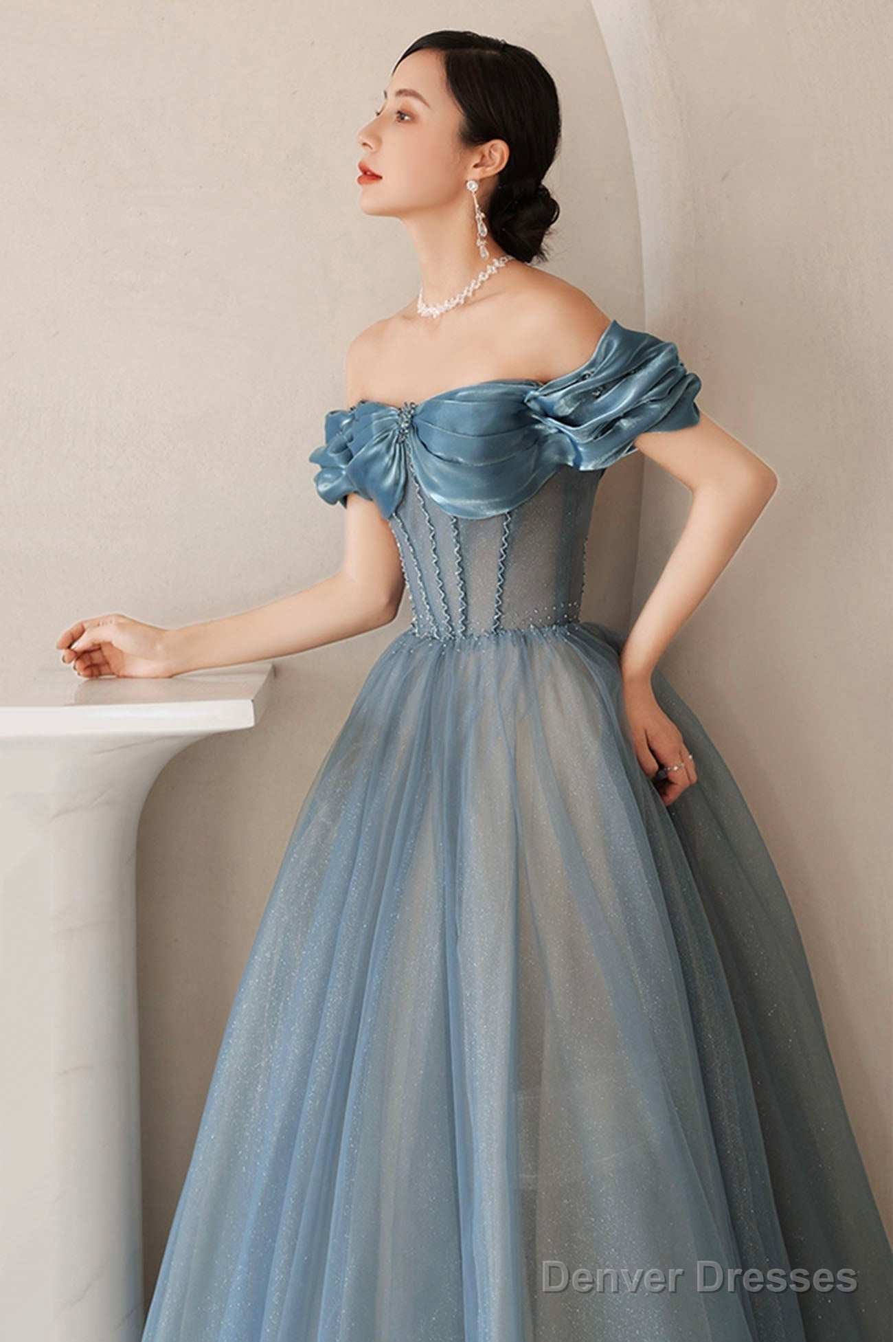 Blue Tulle Long A-Line Prom Dress, Elegant Off The Shoulder Formal Evening Dress