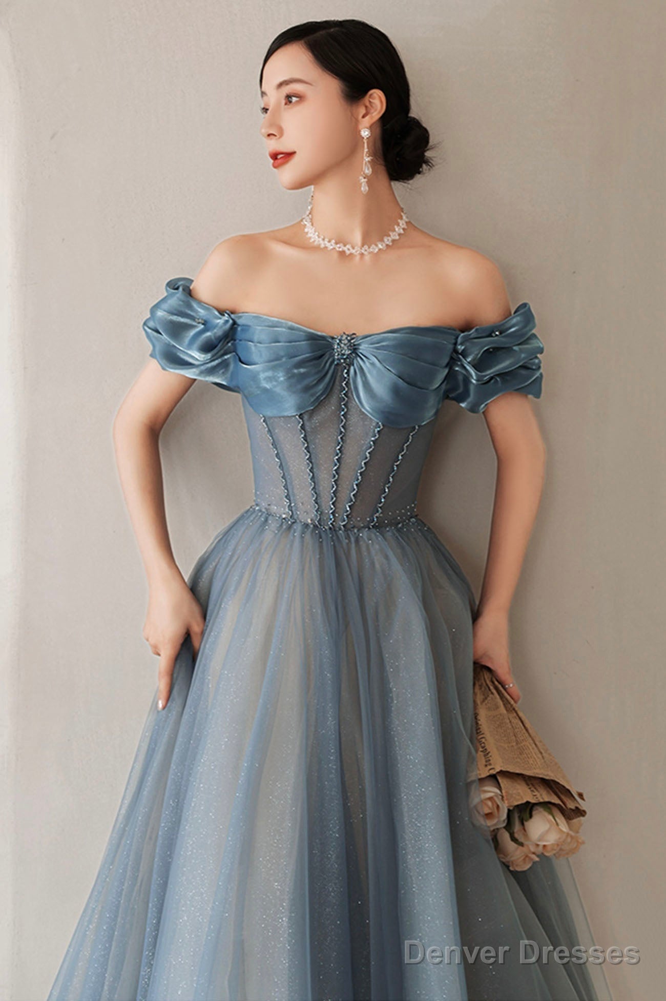 Blue Tulle Long A-Line Prom Dress, Elegant Off The Shoulder Formal Evening Dress