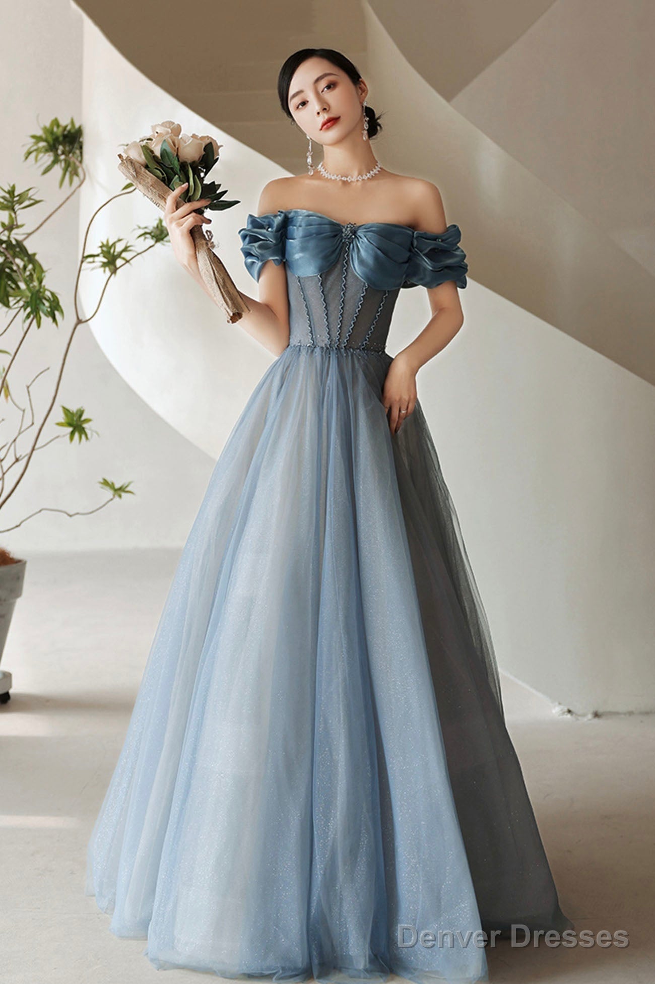 Blue Tulle Long A-Line Prom Dress, Elegant Off The Shoulder Formal Evening Dress
