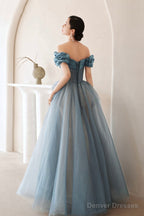 Blue Tulle Long A-Line Prom Dress, Elegant Off The Shoulder Formal Evening Dress
