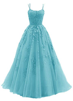 Blue Tulle Long A Line Prom Dress Lace Evening Dress