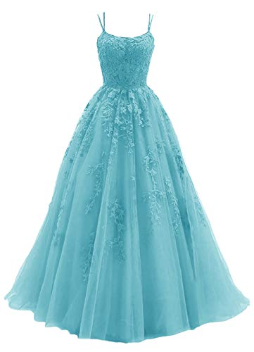 Blue Tulle Long A Line Prom Dress Lace Evening Dress