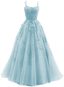 Blue Tulle Long A Line Prom Dress Lace Evening Dress