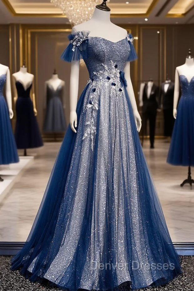 Blue Tulle Long A-Line Prom Dress, Off the Shoulder Evening Party Dress