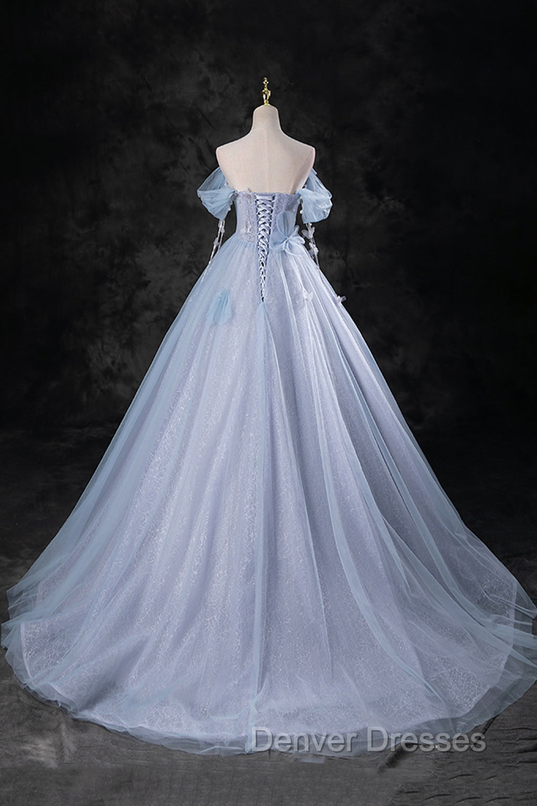 Blue Tulle Long A-Line Prom Dress Party Dress, Beautiful Off the Shoulder Blue Evening Dress