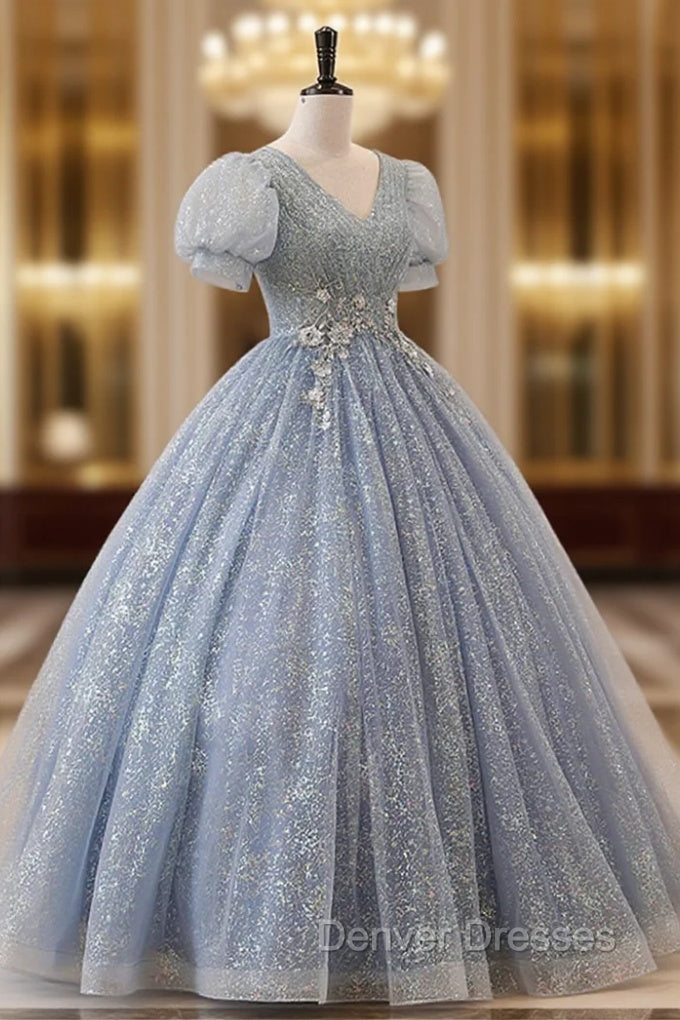 Blue Tulle Long A-Line Prom Dress, V-Neck Short Sleeve Evening Dress Main image