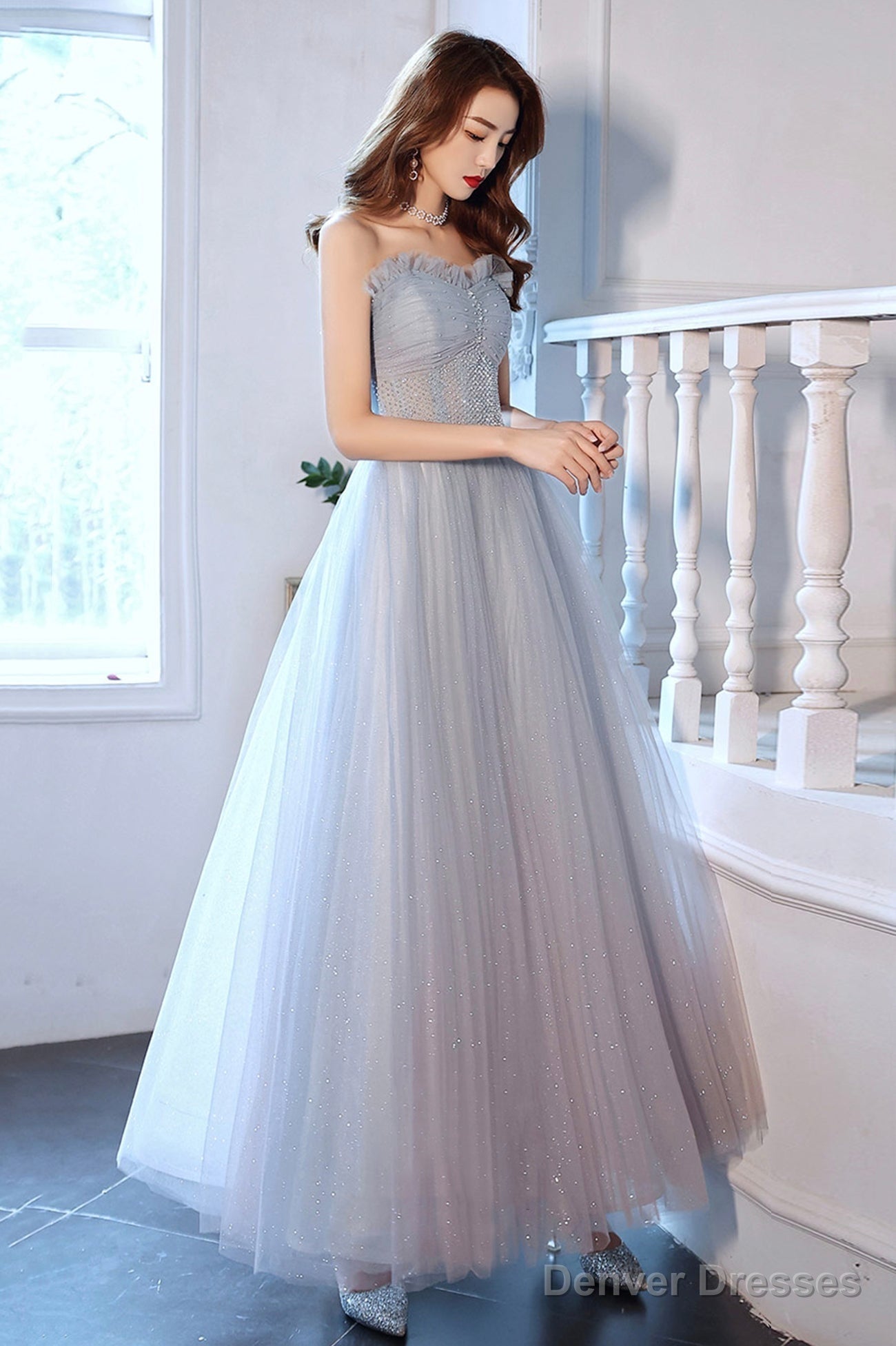 Blue Tulle Long A-Line Prom Dress With Beaded, Blue Strapless Evening Dress Secondary image