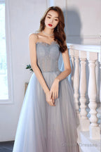 Blue Tulle Long A-Line Prom Dress With Beaded, Blue Strapless Evening Dress