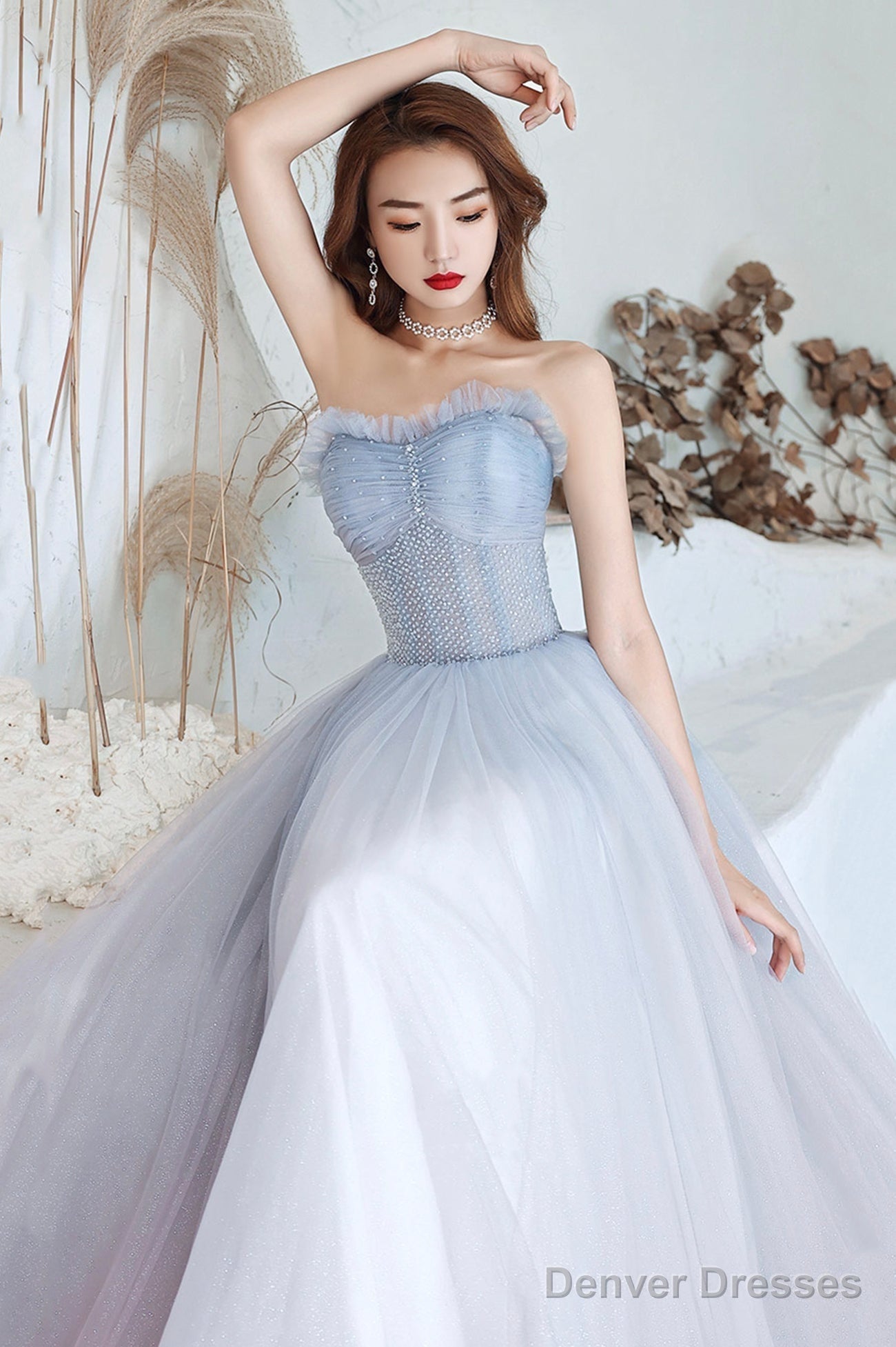 Blue Tulle Long A-Line Prom Dress With Beaded, Blue Strapless Evening Dress