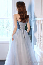 Blue Tulle Long A-Line Prom Dress With Beaded, Blue Strapless Evening Dress
