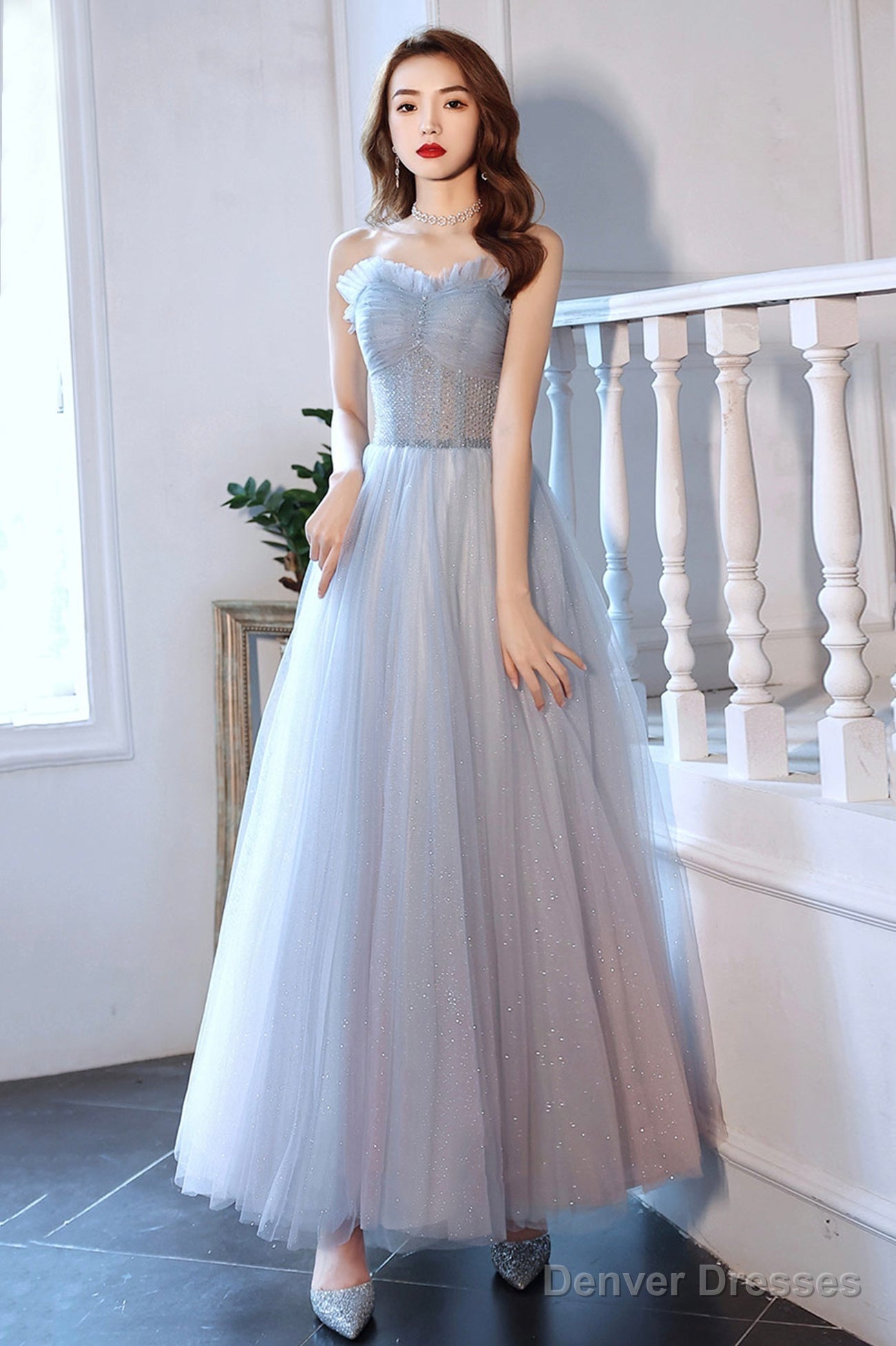 Blue Tulle Long A-Line Prom Dress With Beaded, Blue Strapless Evening Dress Main image
