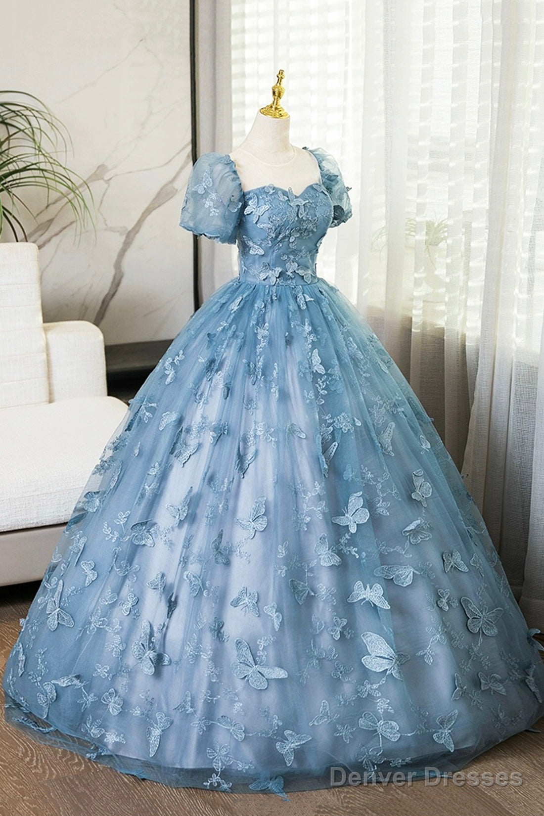 Blue Tulle Long A-Line Prom Dress With Butterfly Lace, Beautiful Short Sleeve Evening Dress