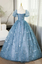 Blue Tulle Long A-Line Prom Dress With Butterfly Lace, Beautiful Short Sleeve Evening Dress