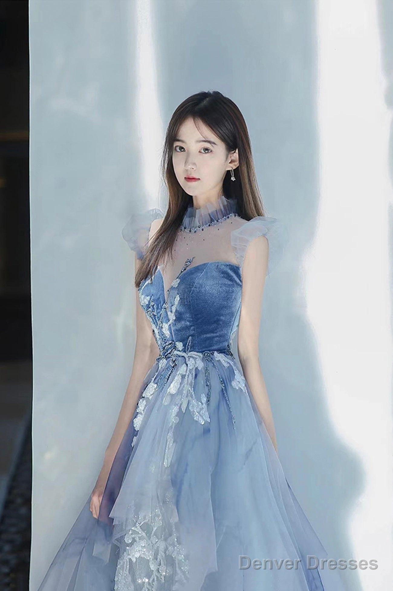 Blue Tulle Long A-Line Prom Dress With Lace, Lovely Evening Party Dress Secondary image