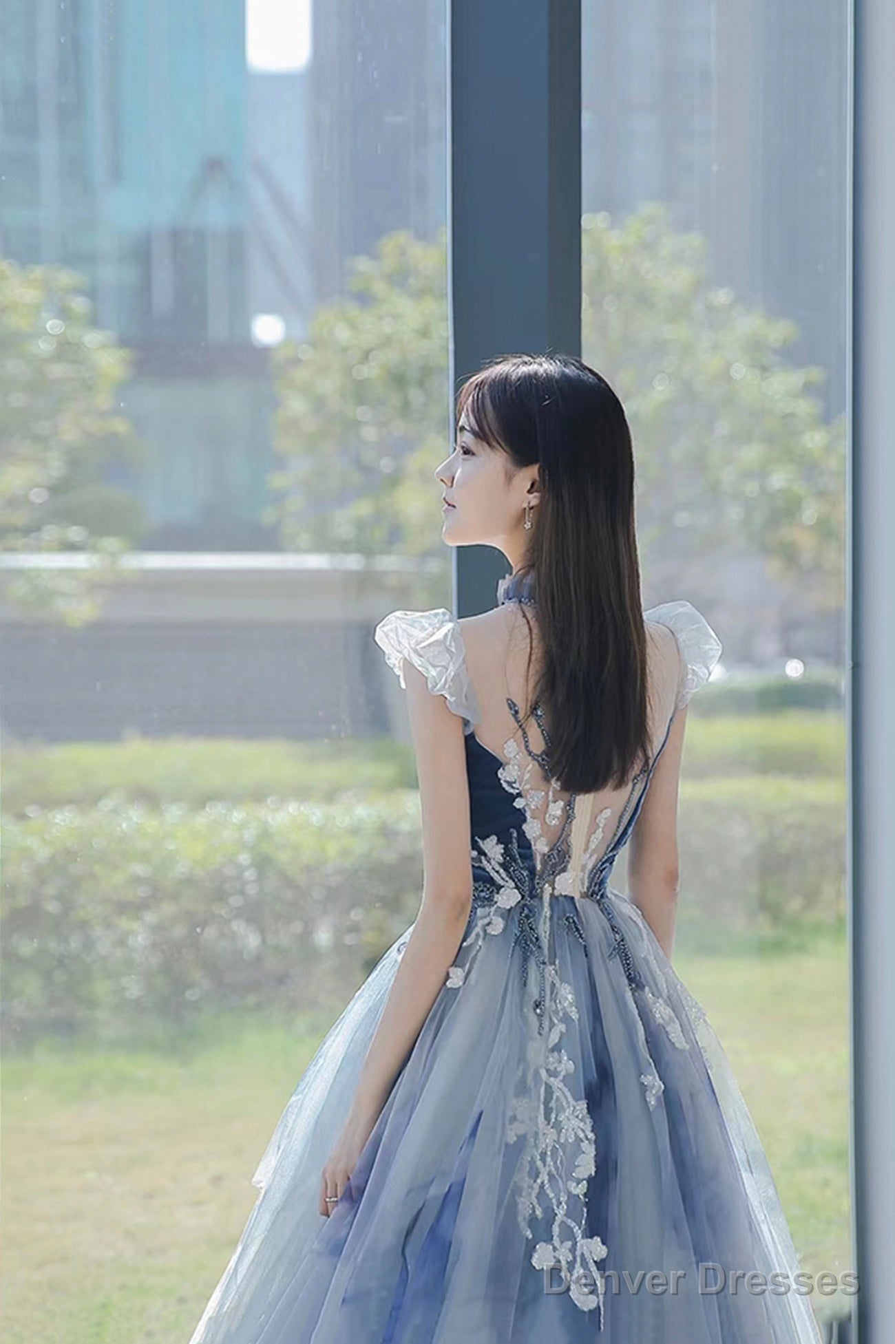 Blue Tulle Long A-Line Prom Dress With Lace, Lovely Evening Party Dress