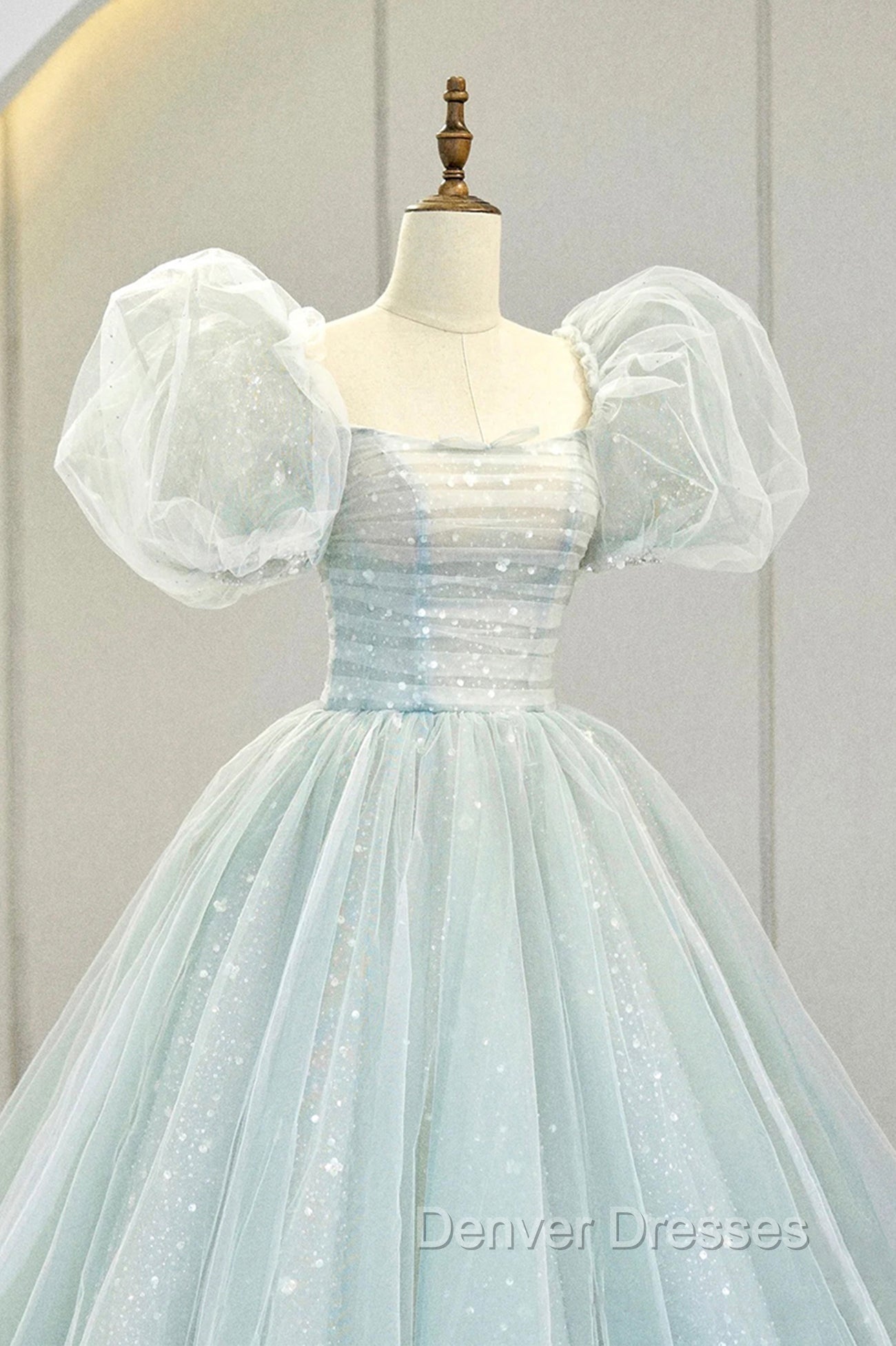 Blue Tulle Long A-Line Prom Dress with Sequins, Lovely Puff Sleeve Evening Gown Secondary image