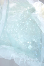 Blue Tulle Long A-Line Prom Dress with Sequins, Lovely Puff Sleeve Evening Gown