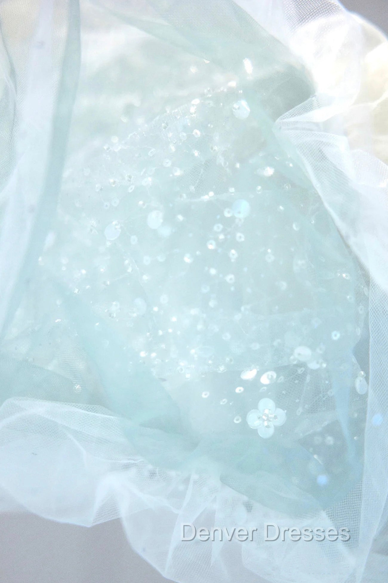 Blue Tulle Long A-Line Prom Dress with Sequins, Lovely Puff Sleeve Evening Gown